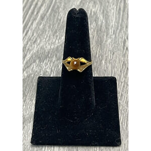 18K HGE Tigers Eye Cabochon Ring‎ Yellow Gold Modern Bypass Design Fine Jewelry